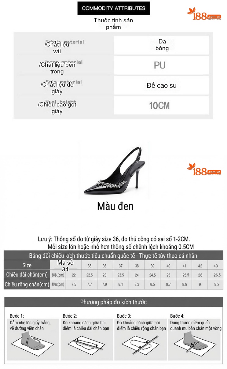 Giày Cao Gót Nữ Da Bóng Hở Gót Đính Đá Chiều Cao Đế Khoảng 7cm Màu Đen chi tiết 1