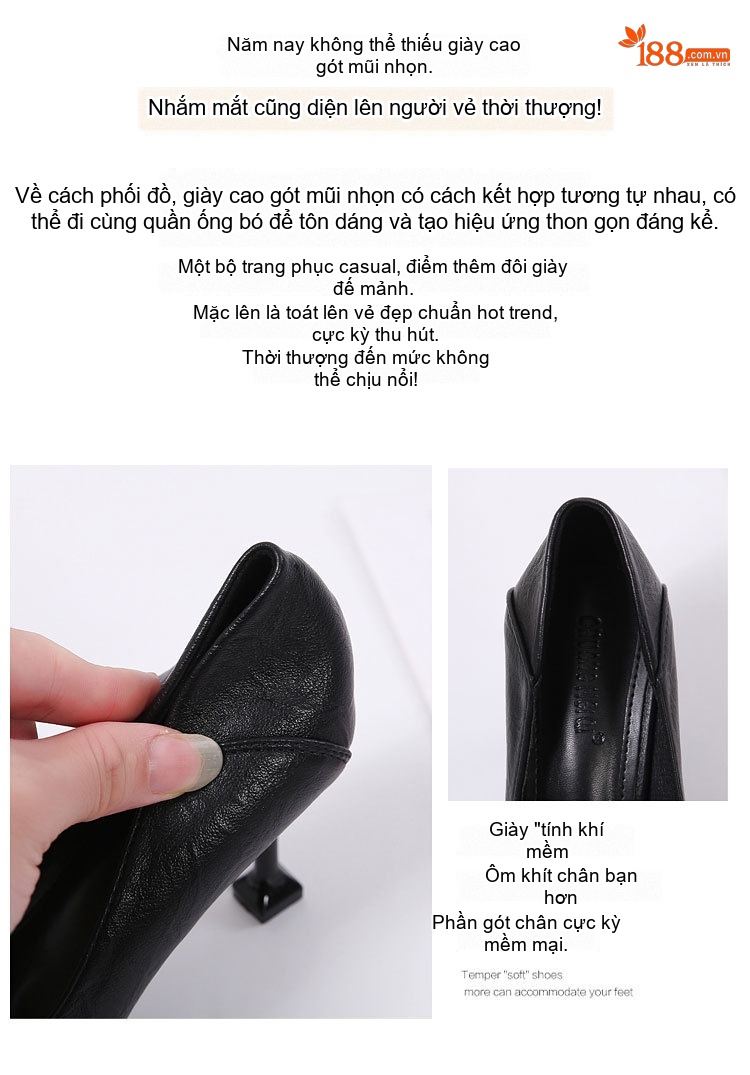 Giày Cao Gót Nữ Da Bóng Khóa Đá Chiều Cao Đế Khoảng 5cm Màu Đen, Kem chi tiết 3