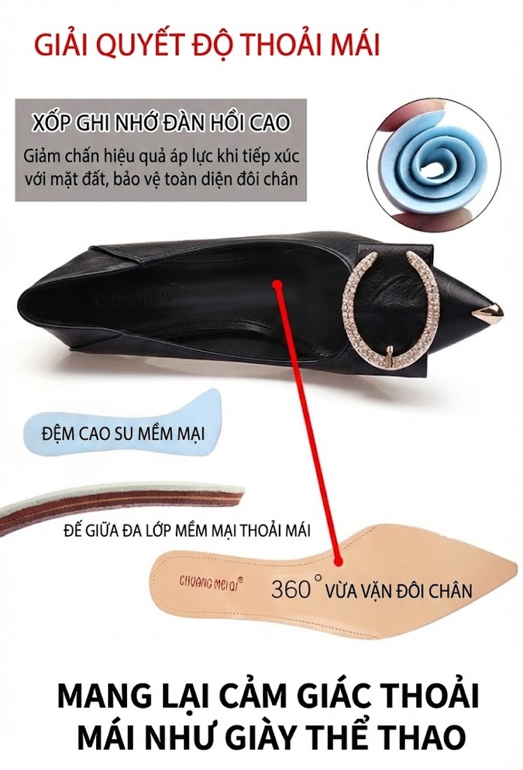 Giày Cao Gót Nữ Da Bóng Khóa Đá Chiều Cao Đế Khoảng 5cm Màu Đen, Kem chi tiết 4