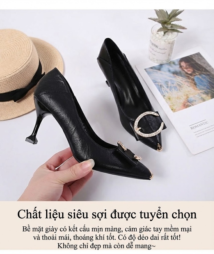 Giày Cao Gót Nữ Da Bóng Khóa Đá Chiều Cao Đế Khoảng 5cm Màu Đen, Kem chi tiết 6