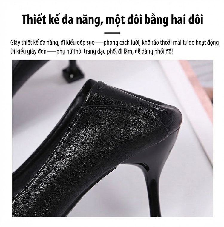 Giày Cao Gót Nữ Da Bóng Khóa Đá Chiều Cao Đế Khoảng 5cm Màu Đen, Kem chi tiết 11