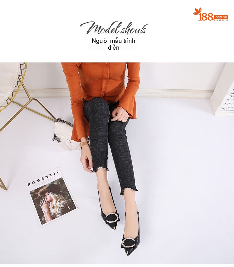 Giày Cao Gót Nữ Da Bóng Khóa Đá Chiều Cao Đế Khoảng 5cm Màu Đen, Kem chi tiết 13