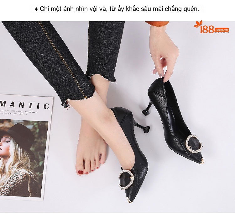 Giày Cao Gót Nữ Da Bóng Khóa Đá Chiều Cao Đế Khoảng 5cm Màu Đen, Kem chi tiết 14