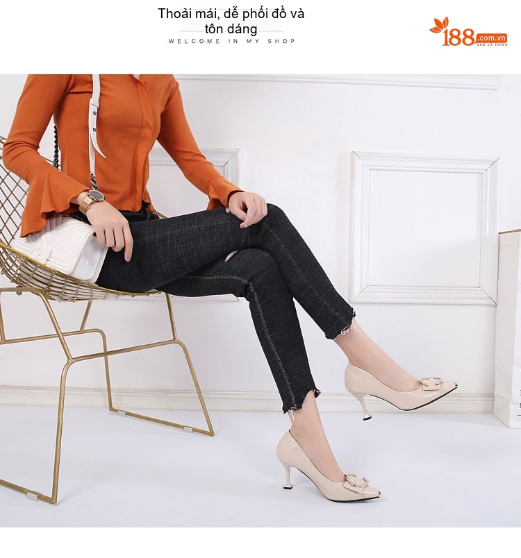 Giày Cao Gót Nữ Da Bóng Khóa Đá Chiều Cao Đế Khoảng 5cm Màu Đen, Kem chi tiết 23