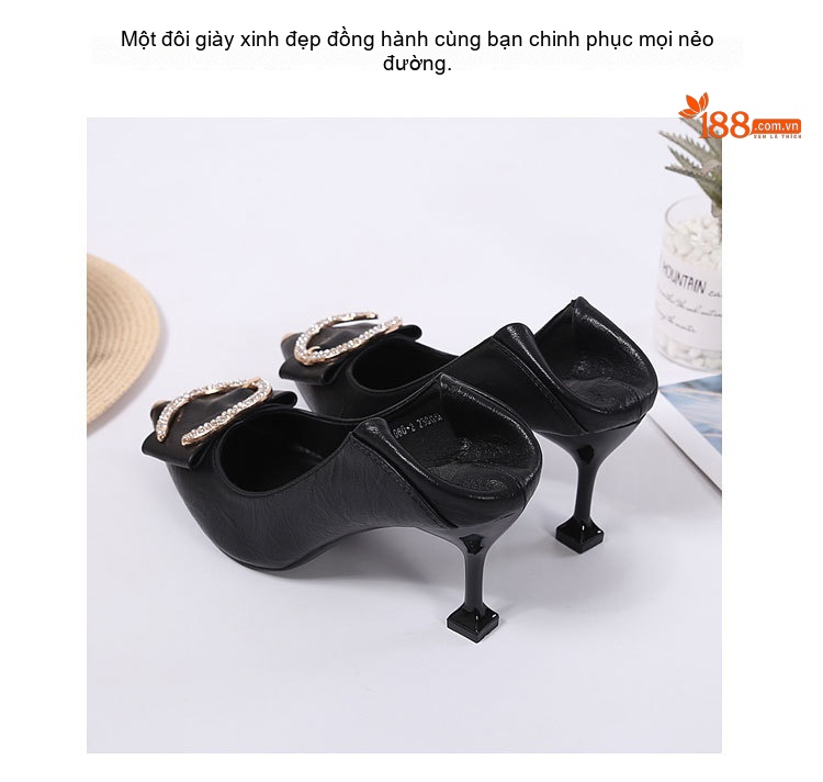 Giày Cao Gót Nữ Da Bóng Khóa Đá Chiều Cao Đế Khoảng 5cm Màu Đen, Kem chi tiết 28