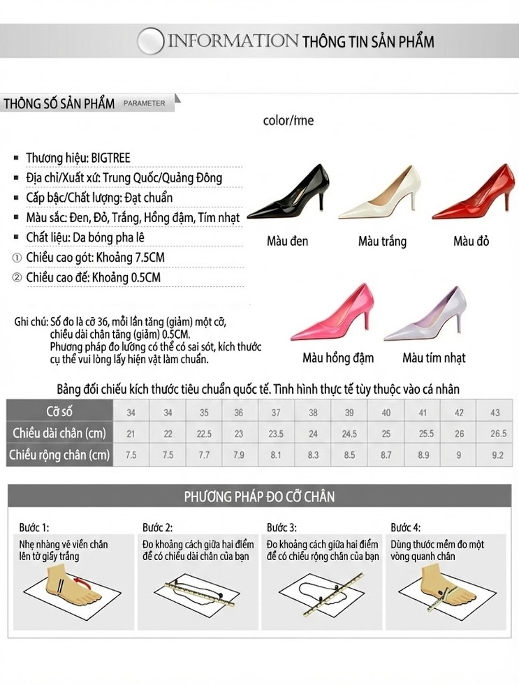Giày Cao Gót Nữ Da Bóng Mũi Nhọn Chiều Cao Đế Khoảng 6cm Màu Đen, Đỏ, Hồng, Trắng... chi tiết 1