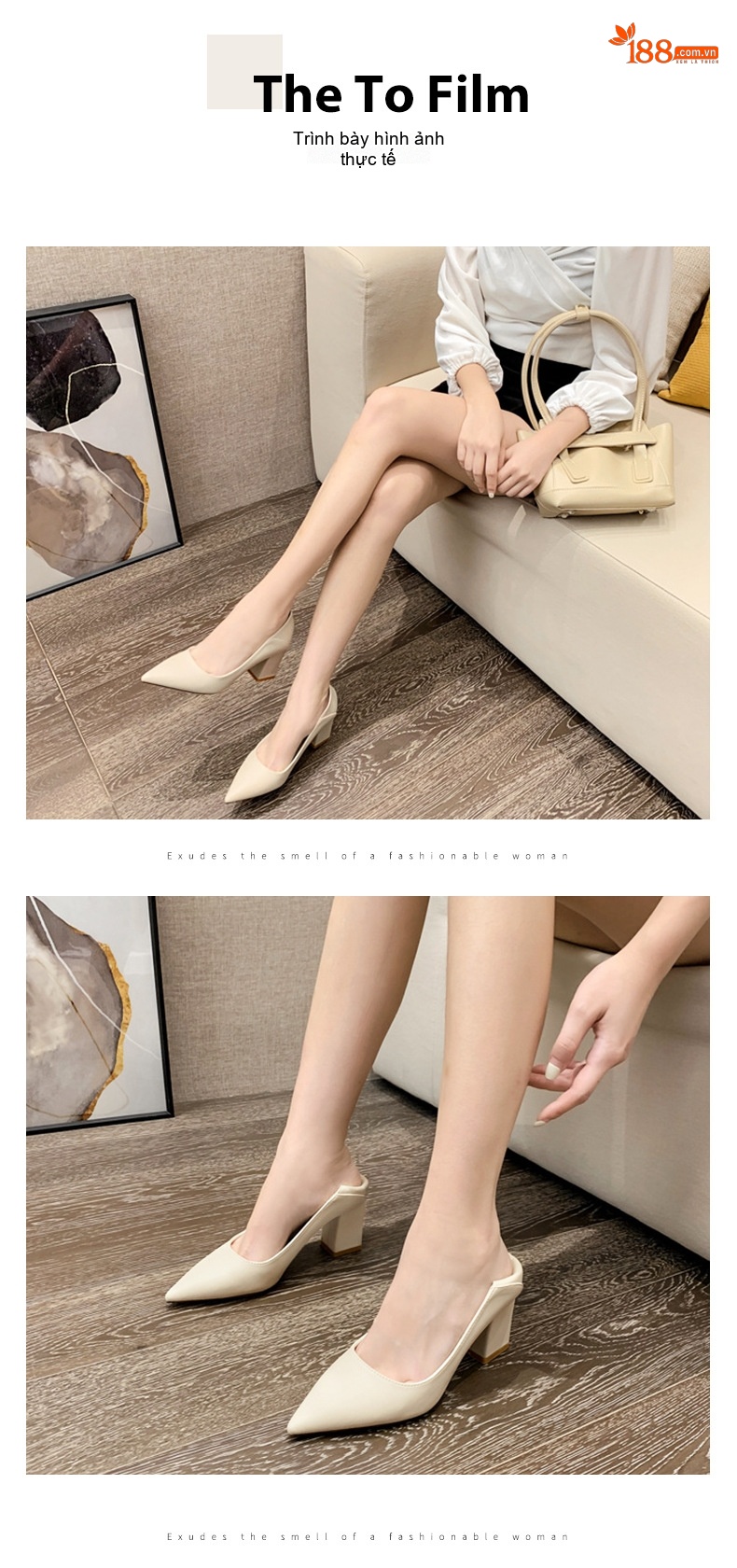 Giày Cao Gót Nữ Da Bóng Mũi Nhọn Chiều Cao Đế Khoảng 6cm Màu Đen, Kem chi tiết 6