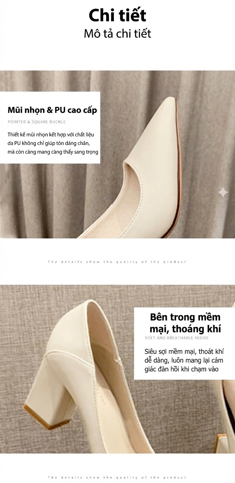 Giày Cao Gót Nữ Da Bóng Mũi Nhọn Chiều Cao Đế Khoảng 6cm Màu Đen, Kem chi tiết 4