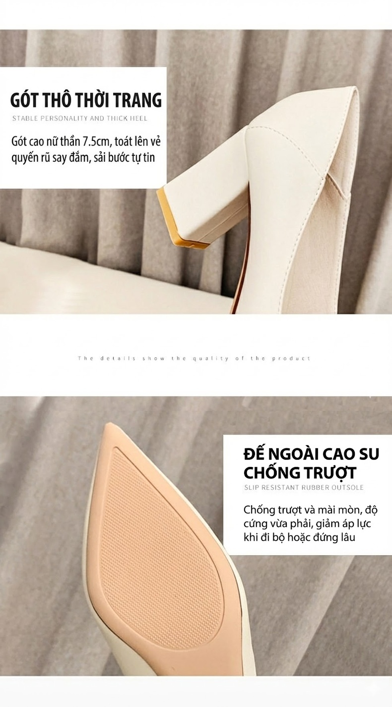 Giày Cao Gót Nữ Da Bóng Mũi Nhọn Chiều Cao Đế Khoảng 6cm Màu Đen, Kem chi tiết 5
