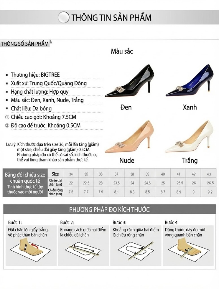 Giày Cao Gót Nữ Da Bóng Mũi Nhọn Chiều Cao Đế Khoảng 7cm Đính Đá Màu Đen, Nude, Trắng, Xanh Navy chi tiết 1
