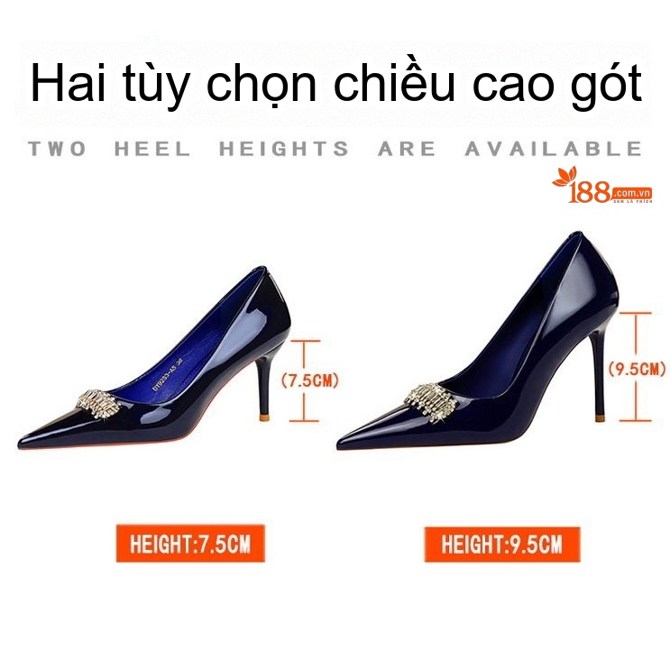Giày Cao Gót Nữ Da Bóng Mũi Nhọn Chiều Cao Đế Khoảng 7cm Đính Đá Màu Đen, Nude, Trắng, Xanh Navy chi tiết 2