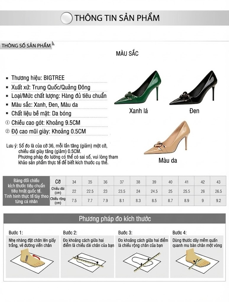 Giày Cao Gót Nữ Da Bóng Mũi Nhọn Chiều Cao Đế Khoảng 7cm Khóa Kim Loại Màu Đen, Nude, Xanh Lá chi tiết 1