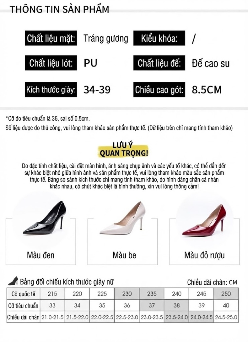 Giày Cao Gót Nữ Da Bóng Mũi Nhọn Chiều Cao Đế Khoảng 7cm Màu Đen, Kem, Đỏ chi tiết 9