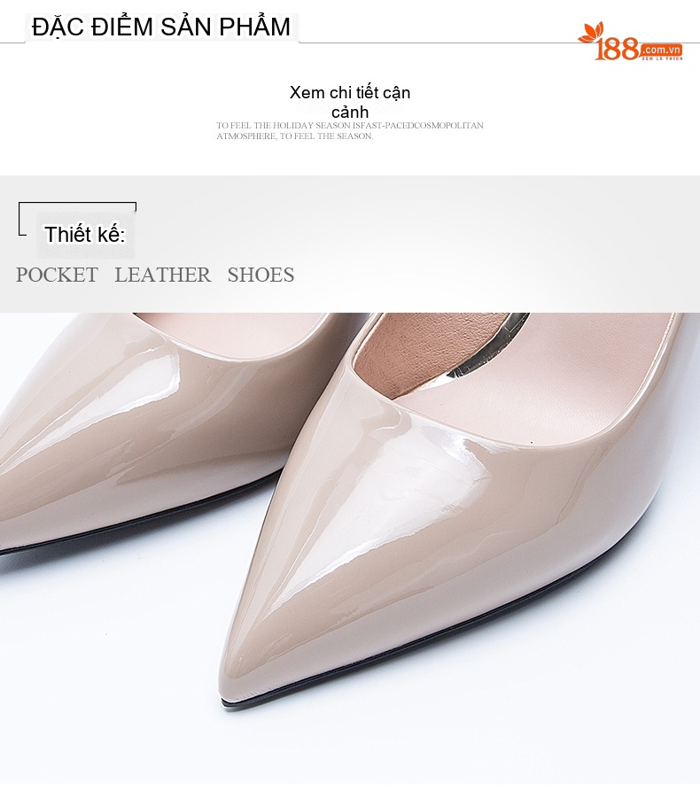Giày Cao Gót Nữ Da Bóng Mũi Nhọn Chiều Cao Đế Khoảng 7cm Màu Đen, Nude chi tiết 3