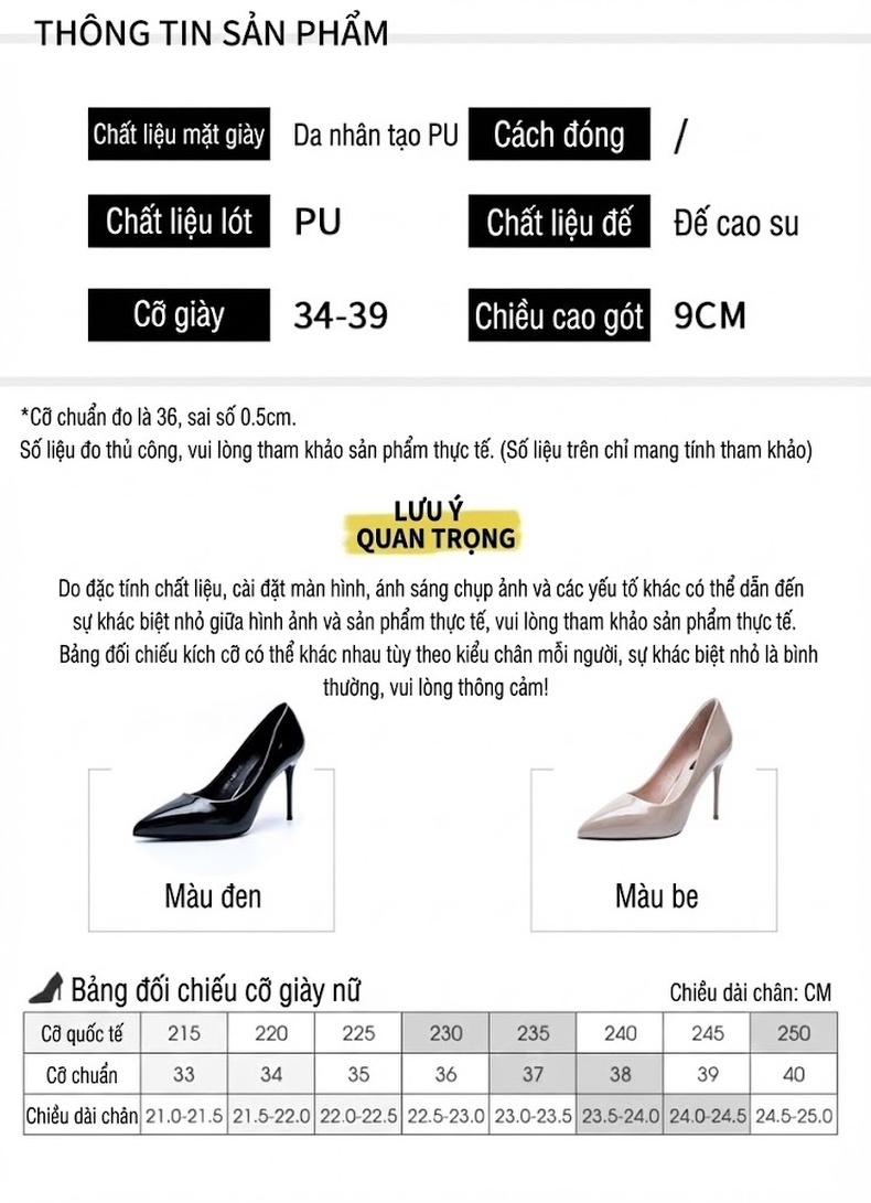 Giày Cao Gót Nữ Da Bóng Mũi Nhọn Chiều Cao Đế Khoảng 7cm Màu Đen, Nude chi tiết 10