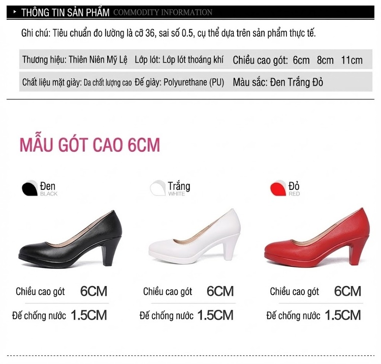Giày Cao Gót Nữ Da Bóng Mũi Nhọn Chiều Cao Đế Khoảng 7cm Màu Đỏ, Đen, Trắng chi tiết 3