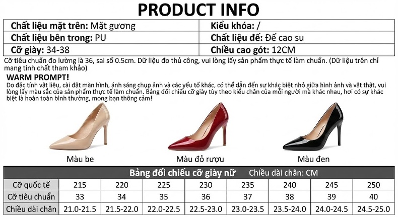 Giày Cao Gót Nữ Da Bóng Mũi Nhọn Chiều Cao Đế Khoảng 8cm Màu Đỏ, Đen, Kem chi tiết 10