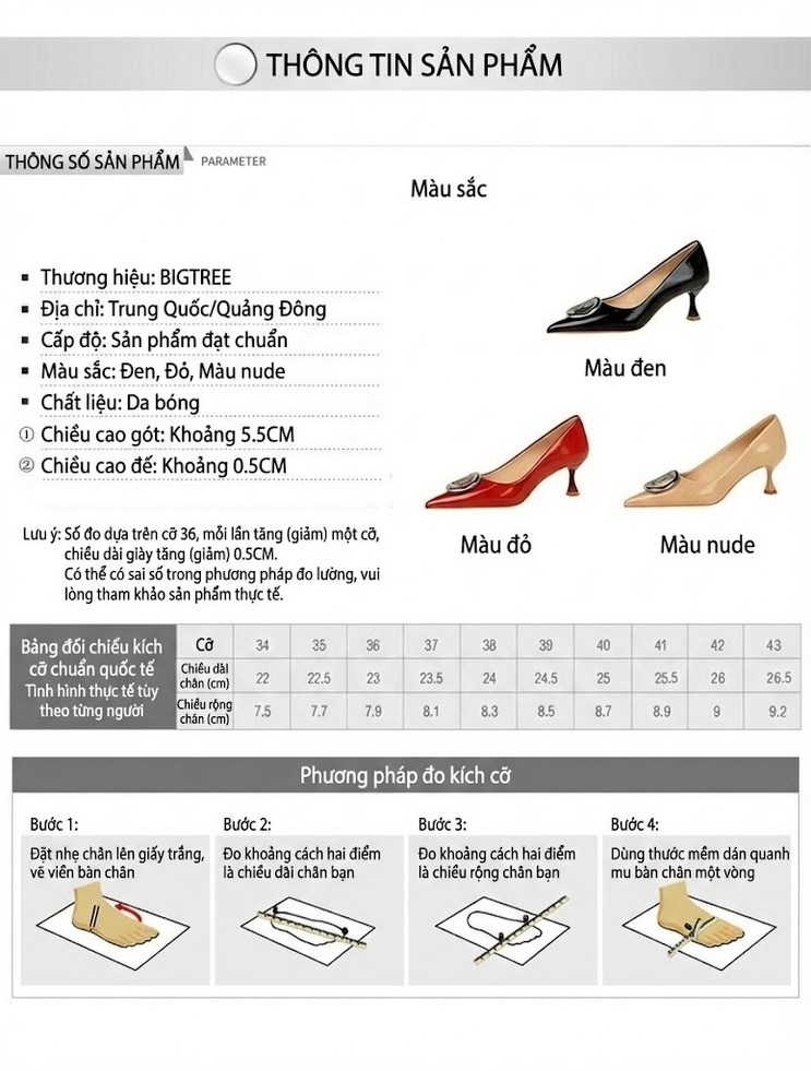 Giày Cao Gót Nữ Da Bóng Mũi Nhọn Đính Đá Chiều Cao Đế Khoảng 5cm Màu Đỏ, Đen, Kem chi tiết 1