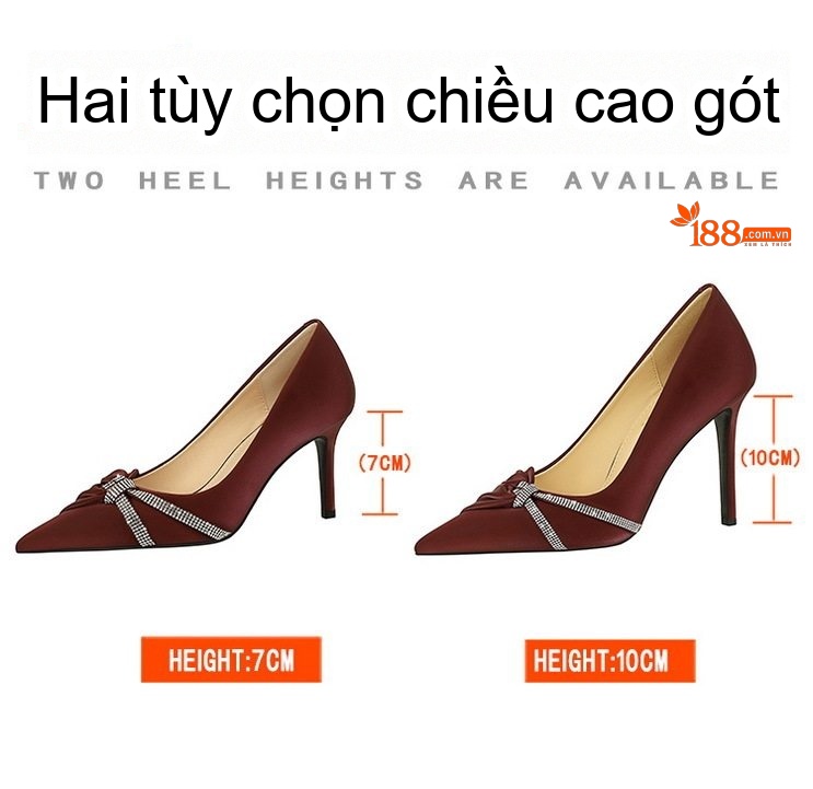 Giày Cao Gót Nữ Da Bóng Mũi Nhọn Gót Nhọn Chiều Cao Đế Khoảng 7cm Đính Đá Màu Kem, Đỏ Rượu, Đen chi tiết 2