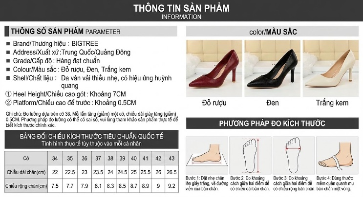 Giày Cao Gót Nữ Da Bóng Mũi Nhọn Gót Nhọn Chiều Cao Đế Khoảng 7cm Đính Đá Màu Kem, Đỏ Rượu, Đen chi tiết 1