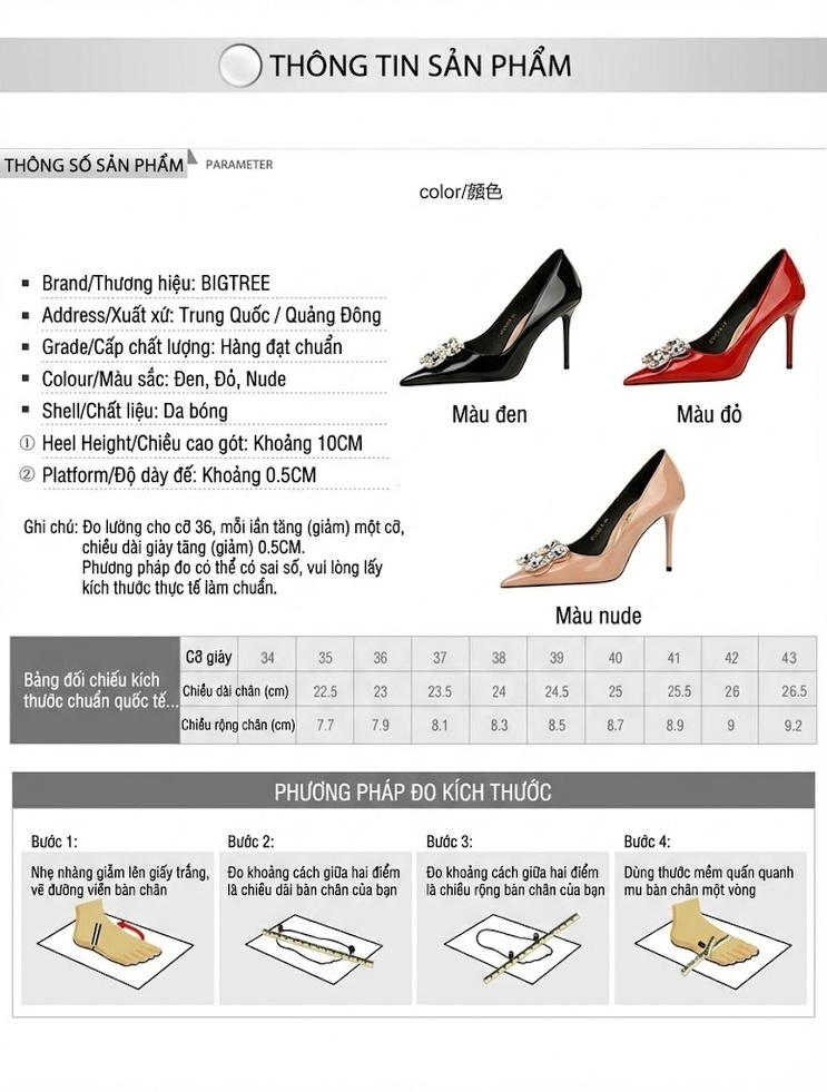 Giày Cao Gót Nữ Da Bóng Mũi Nhọn Gót Nhọn Chiều Cao Đế Khoảng 8cm Đính Đá Màu Đen, Đỏ, Hồng chi tiết 1