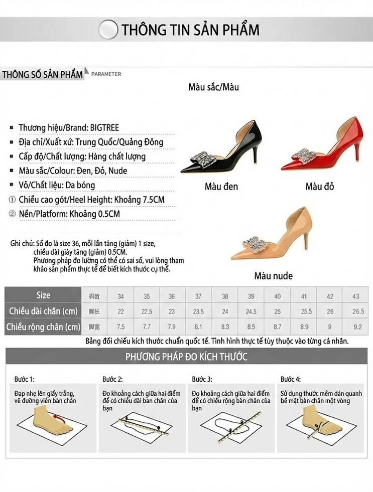 Giày Cao Gót Nữ Da Bóng Mũi Nhọn Hở Bên Chiều Cao Đế Khoảng 5cm Đính Nơ Màu Đỏ, Đen, Kem chi tiết 1