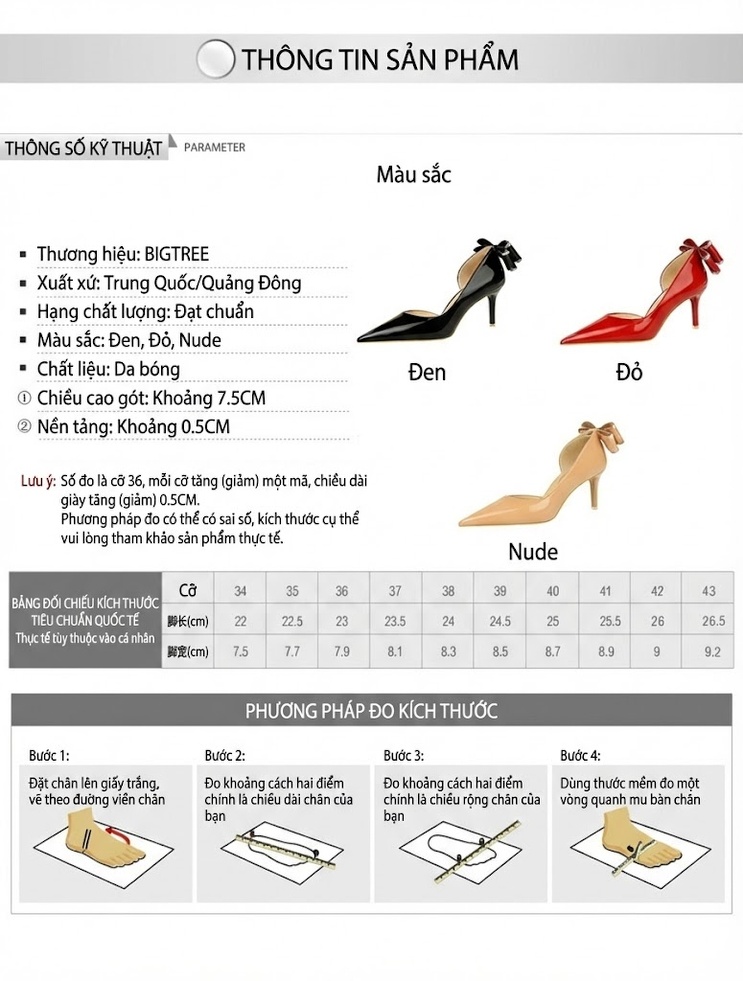 Giày Cao Gót Nữ Da Bóng Mũi Nhọn Hở Bên Chiều Cao Đế Khoảng 6cm Trang Trí Nơ Sau Gót Màu Đỏ, Kem, Đen chi tiết 1