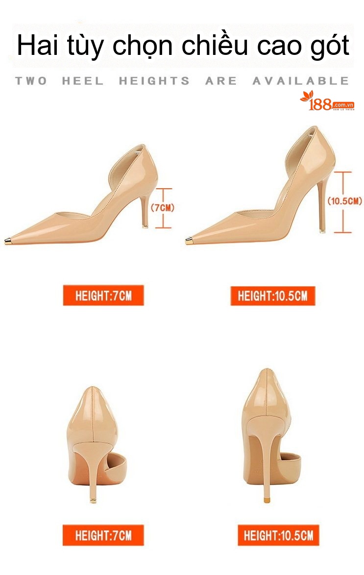 Giày Cao Gót Nữ Da Bóng Mũi Nhọn Hở Bên Chiều Cao Đế Khoảng 7cm Màu Cam, Đen, Kem chi tiết 2