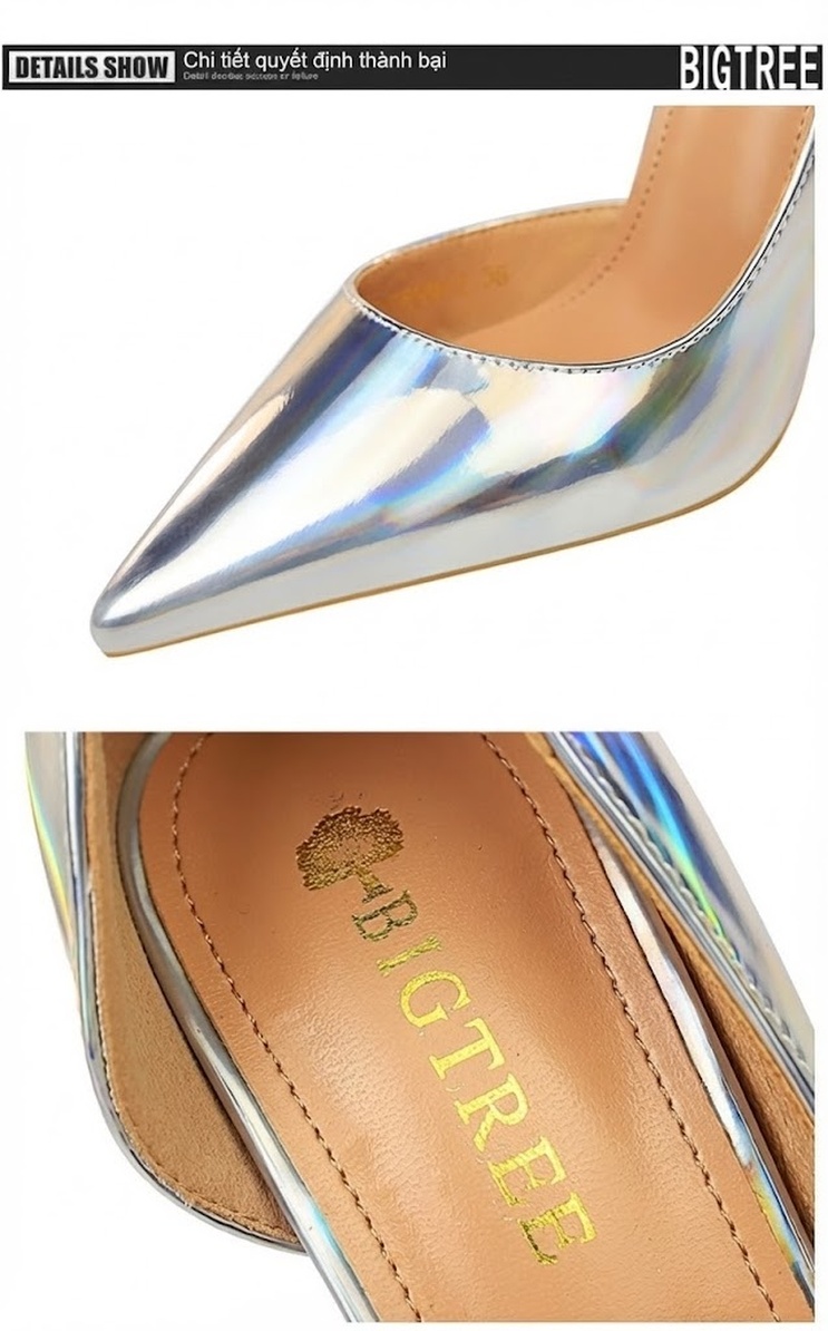 Giày Cao Gót Nữ Da Bóng Mũi Nhọn Hở Bên Chiều Cao Đế Khoảng 8cm Màu Bạc, Vàng, Hồng, Đen... chi tiết 26