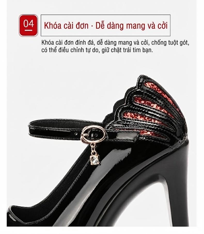 Giày Cao Gót Nữ Da Bóng Mũi Nhọn Quai Ngang Chiều Cao Đế Khoảng 11cm Màu Đen, Trắng, Đỏ chi tiết 8