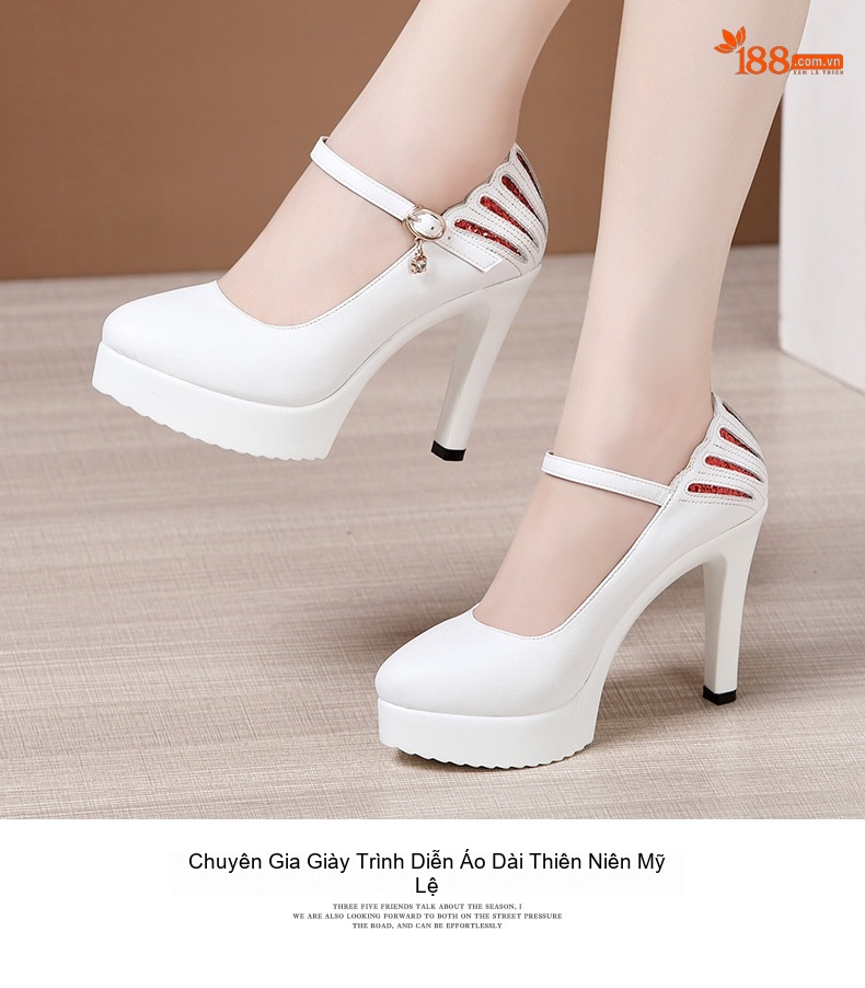 Giày Cao Gót Nữ Da Bóng Mũi Nhọn Quai Ngang Chiều Cao Đế Khoảng 11cm Màu Đen, Trắng, Đỏ chi tiết 13