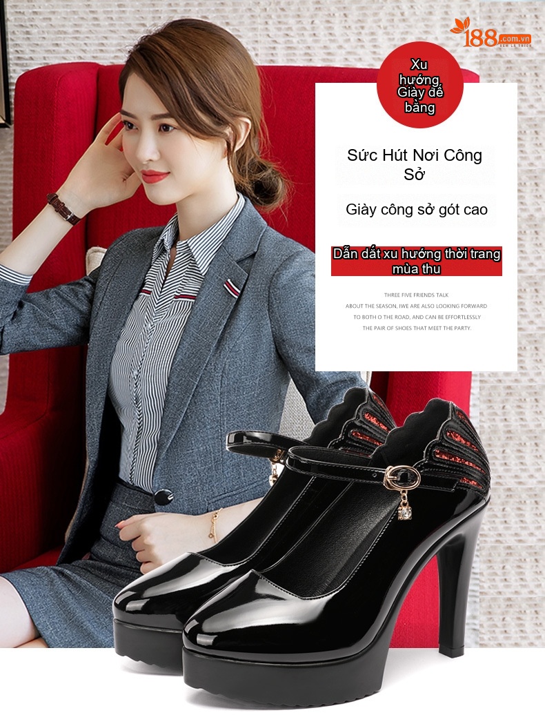 Giày Cao Gót Nữ Da Bóng Mũi Nhọn Quai Ngang Chiều Cao Đế Khoảng 11cm Màu Đen, Trắng, Đỏ chi tiết 1