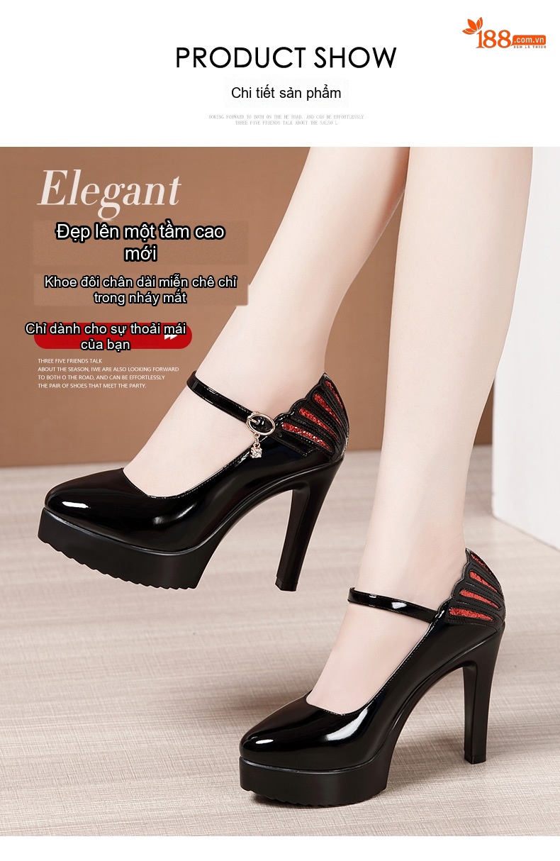 Giày Cao Gót Nữ Da Bóng Mũi Nhọn Quai Ngang Chiều Cao Đế Khoảng 11cm Màu Đen, Trắng, Đỏ chi tiết 4