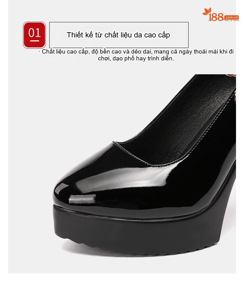 Giày Cao Gót Nữ Da Bóng Mũi Nhọn Quai Ngang Chiều Cao Đế Khoảng 11cm Màu Đen, Trắng, Đỏ chi tiết 5