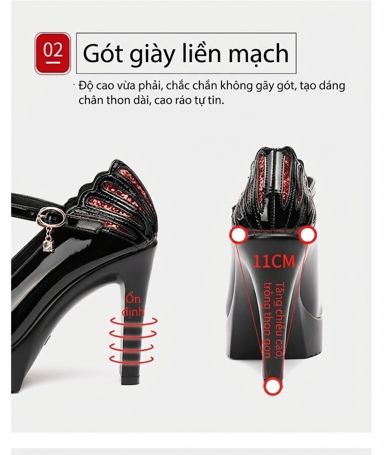 Giày Cao Gót Nữ Da Bóng Mũi Nhọn Quai Ngang Chiều Cao Đế Khoảng 11cm Màu Đen, Trắng, Đỏ chi tiết 6