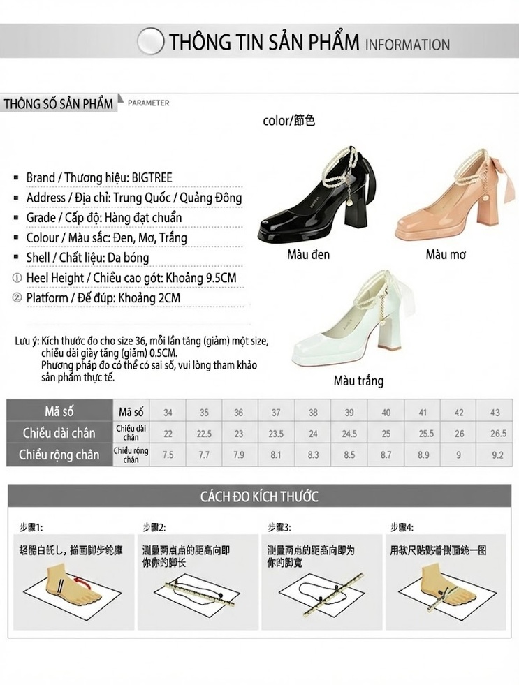 Giày Cao Gót Nữ Da Bóng Quai Ngang Đính Hạt, Nơ Chiều Cao Đế Khoảng 7cm Màu Kem, Trắng, Đen chi tiết 1