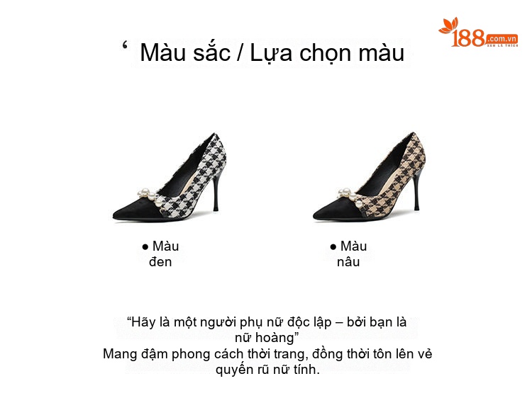 Giày Cao Gót Nữ Da Cừu Gót Nhọn Chiều Cao Đế Khoảng 7cm Họa Tiết Houndstooth Đính Hạt Châu Màu Đen, Trắng chi tiết 3
