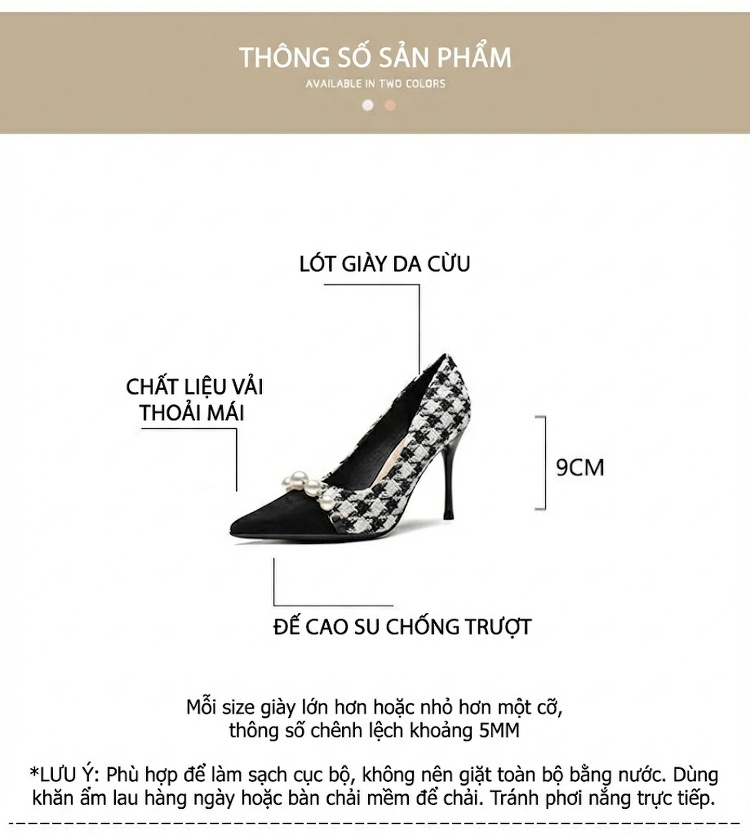 Giày Cao Gót Nữ Da Cừu Gót Nhọn Chiều Cao Đế Khoảng 7cm Họa Tiết Houndstooth Đính Hạt Châu Màu Đen, Trắng chi tiết 4