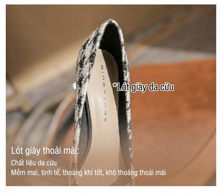 Giày Cao Gót Nữ Da Cừu Gót Nhọn Chiều Cao Đế Khoảng 7cm Họa Tiết Houndstooth Đính Hạt Châu Màu Đen, Trắng chi tiết 8