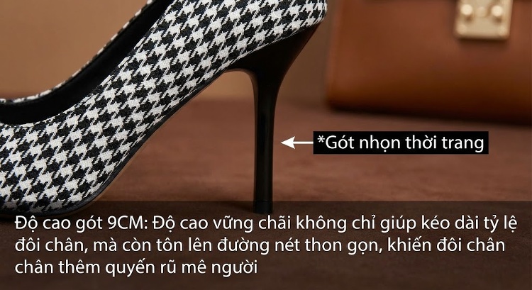 Giày Cao Gót Nữ Da Cừu Gót Nhọn Chiều Cao Đế Khoảng 7cm Họa Tiết Houndstooth Đính Hạt Châu Màu Đen, Trắng chi tiết 9