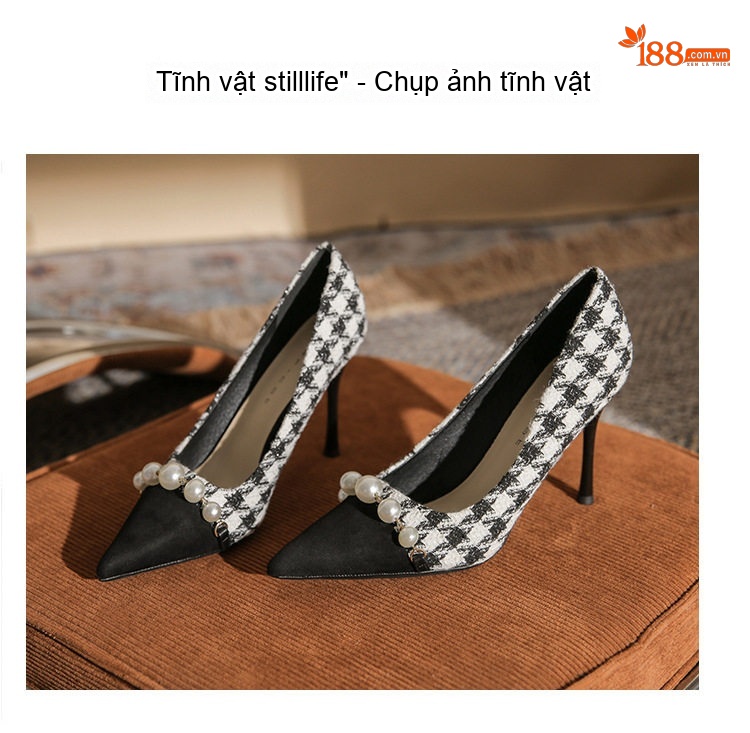 Giày Cao Gót Nữ Da Cừu Gót Nhọn Chiều Cao Đế Khoảng 7cm Họa Tiết Houndstooth Đính Hạt Châu Màu Đen, Trắng chi tiết 24