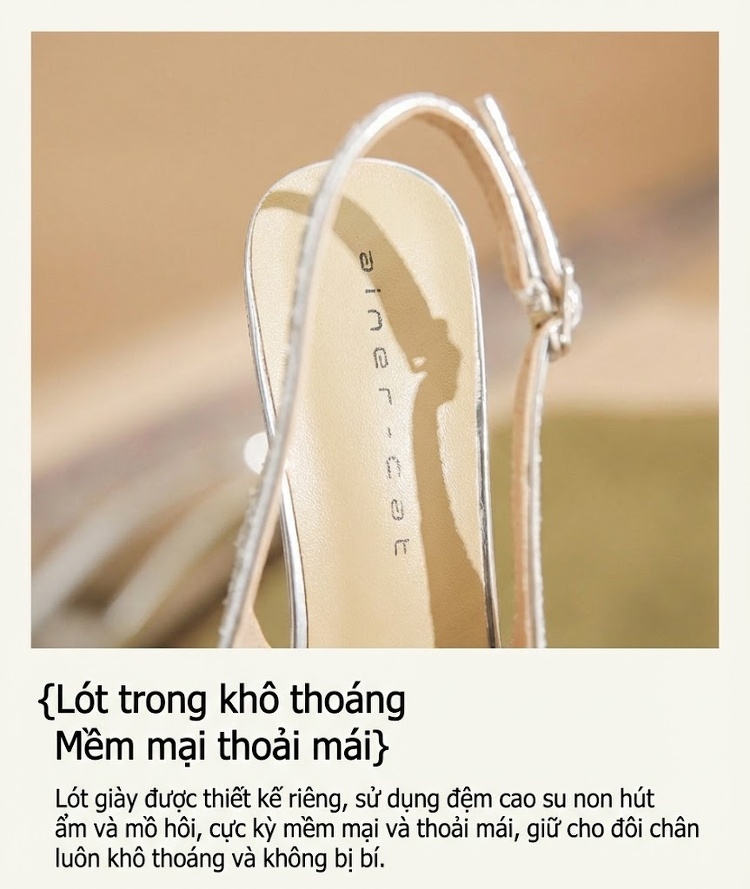 Giày Cao Gót Nữ Da Cừu Hở Gót Mũi Nhọn Chiều Cao Đế Khoảng 7cm Màu Vàng Kim, Bạc chi tiết 5