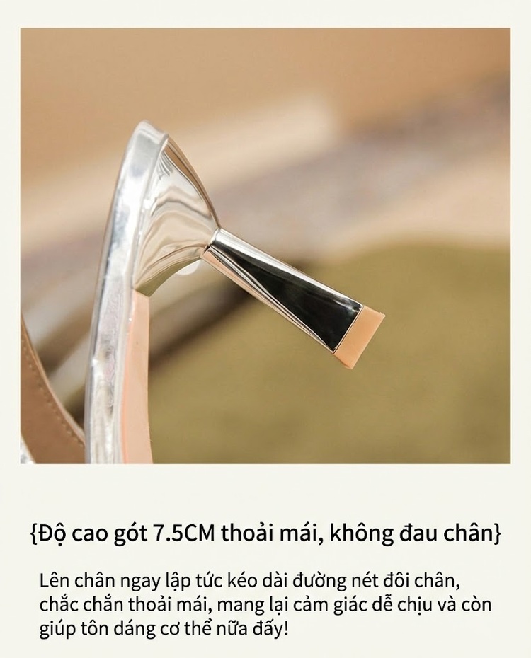 Giày Cao Gót Nữ Da Cừu Hở Gót Mũi Nhọn Chiều Cao Đế Khoảng 7cm Màu Vàng Kim, Bạc chi tiết 6