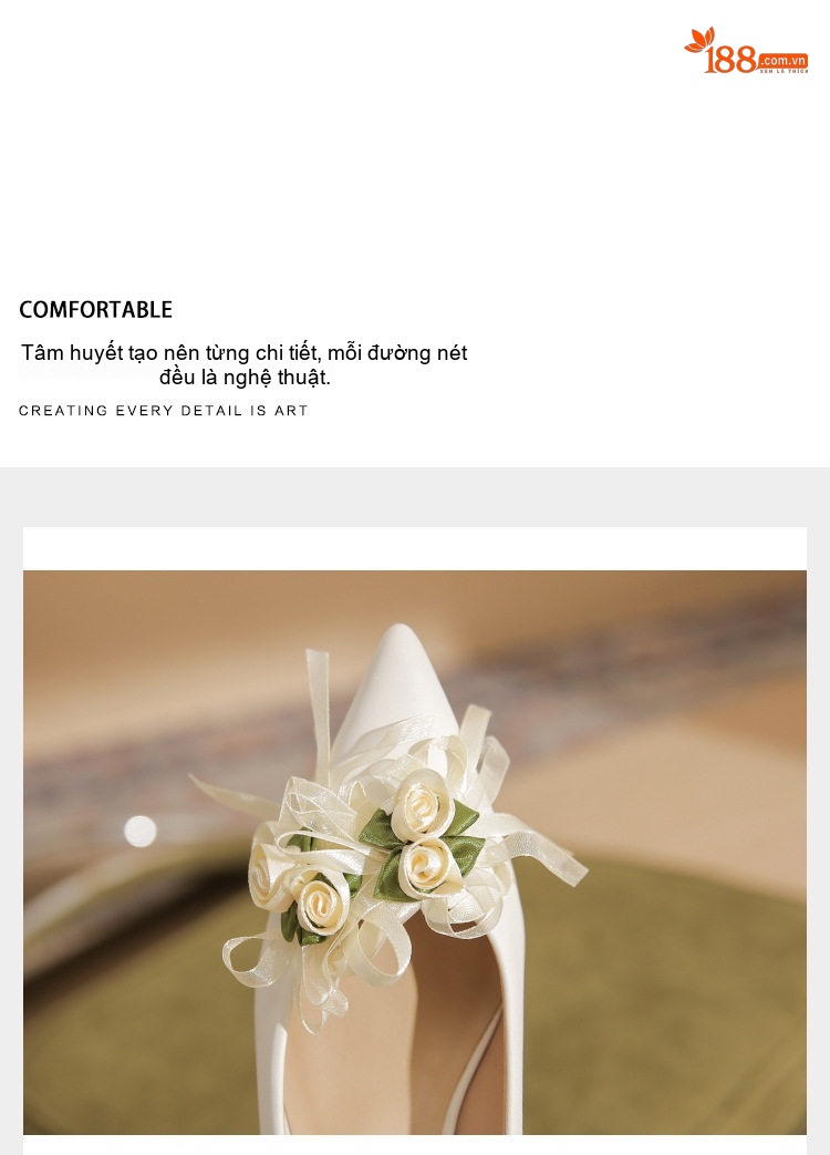 Giày Cao Gót Nữ Da Cừu Mũi Nhọn Chiều Cao Đế Khoảng 5cm Màu Trắng Đính Hoa chi tiết 8