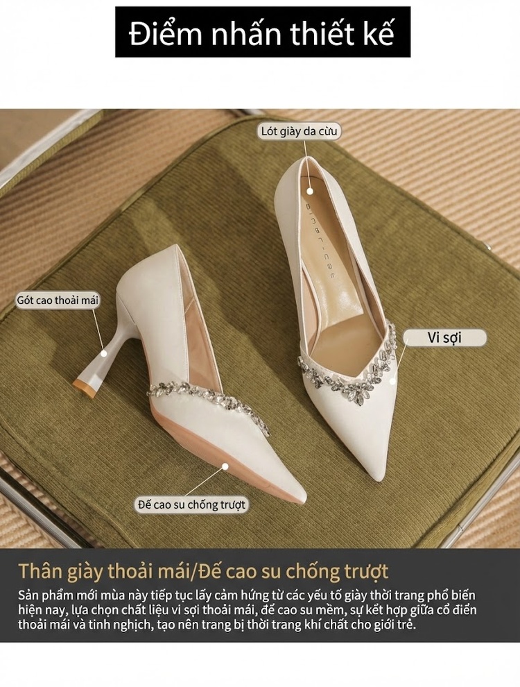 Giày Cao Gót Nữ Da Cừu Mũi Nhọn Chiều Cao Đế Khoảng 6cm Đính Đá Màu Trắng chi tiết 4