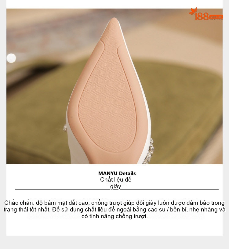 Giày Cao Gót Nữ Da Cừu Mũi Nhọn Chiều Cao Đế Khoảng 6cm Đính Đá Màu Trắng chi tiết 11