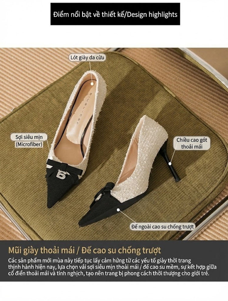 Giày Cao Gót Nữ Da Cừu Mũi Nhọn Chiều Cao Đế Khoảng 6cm Màu Đen, Trắng chi tiết 4