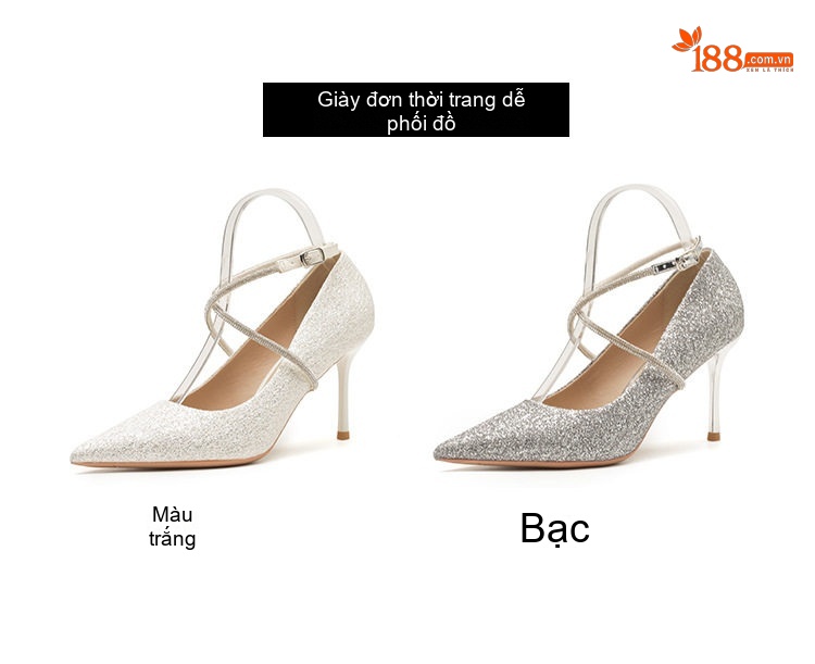 Giày Cao Gót Nữ Da Cừu Mũi Nhọn Chiều Cao Đế Khoảng 7cm Đính Đá Lấp Lánh Màu Bạc chi tiết 7