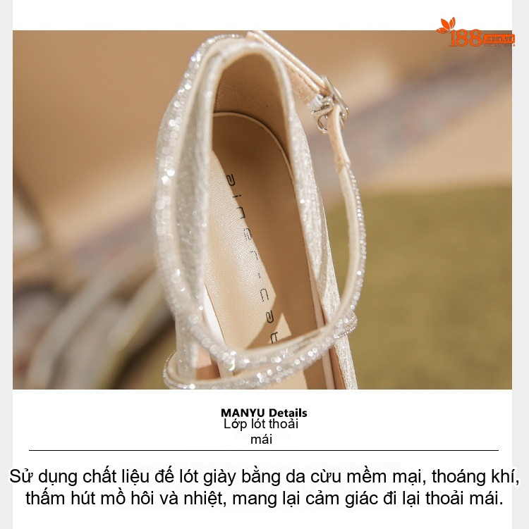 Giày Cao Gót Nữ Da Cừu Mũi Nhọn Chiều Cao Đế Khoảng 7cm Đính Đá Lấp Lánh Màu Bạc chi tiết 9