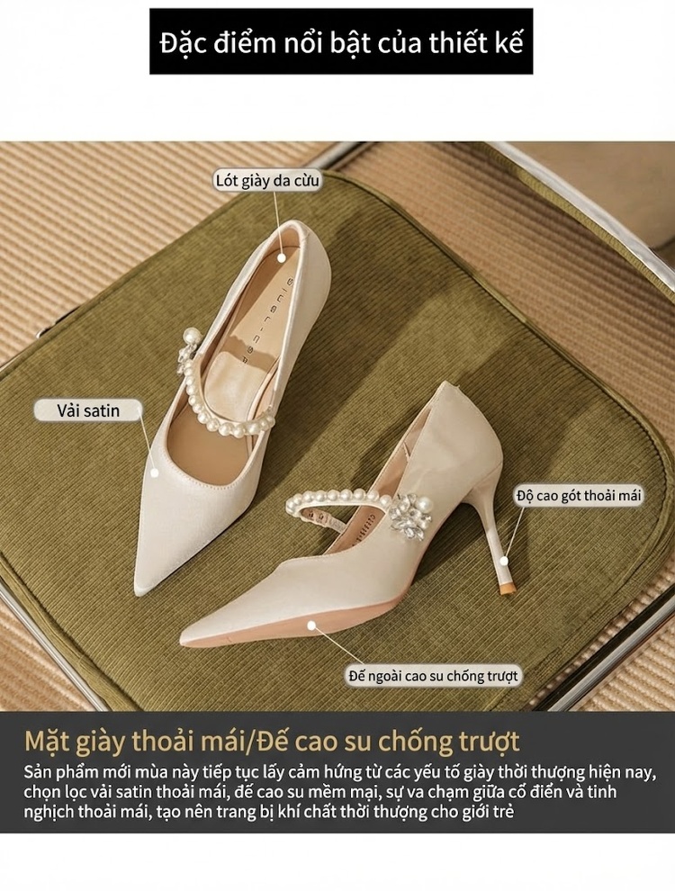 Giày Cao Gót Nữ Da Cừu Mũi Nhọn Chiều Cao Đế Khoảng 7cm Đính Đá và Ngọc Trai Màu Trắng, Đen chi tiết 4